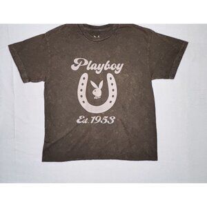 Women’s Playboy Horseshoe Brown Acid Wash Tee Cropped Country Y2K Raw Hem Medium